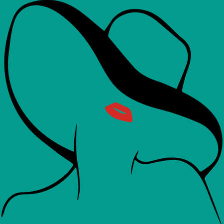 Fashion woman hat. Vector illustration. Silhouettte girl with bright red lips on turquoise background.のイラスト素材