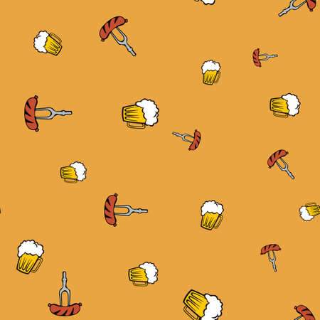 Beer and frankfurter pattern seamless. Vector illustration. Orange background.のイラスト素材