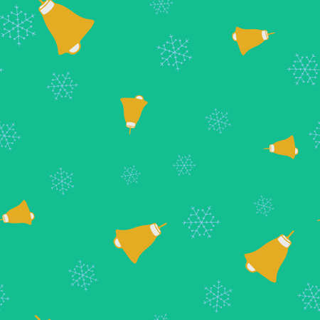 Golden bells and snowflake seamless pattern. Turquoise background. Vector illustration.のイラスト素材