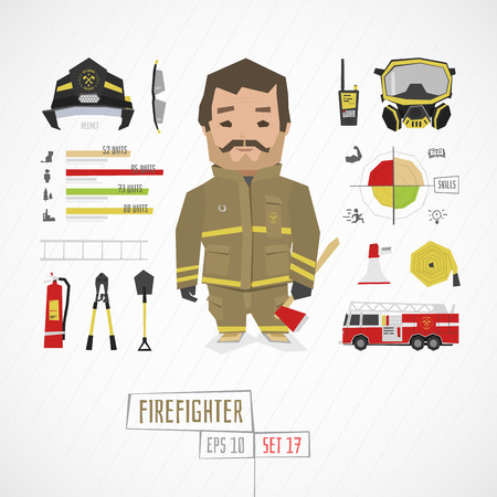 Flat funny charatcer firefighter set with icons and infographicのイラスト素材