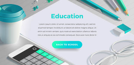 Mockup scenes on education theme. School objects on the wooden table for your graphic design. Bright colors in funny set. Horizontal banner with text and buttonのイラスト素材