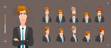 Character Expressions. 5  Face Man Emotions in Front and 3,4 Viewsのイラスト素材
