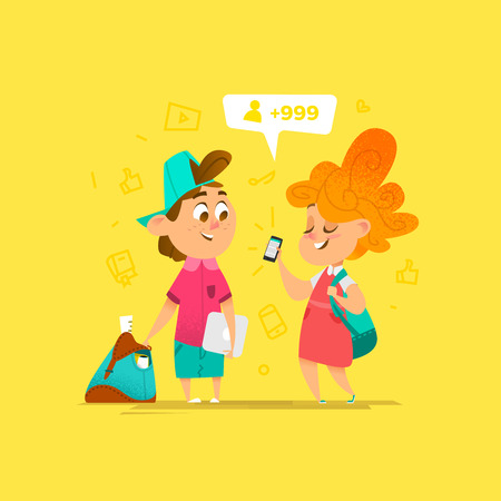 Two Happy School Kids Communication. Cartoon Style Illustrationのイラスト素材