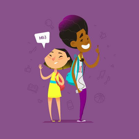 Two Happy School Kids. Boy and Girls Isolated Standing Poses.のイラスト素材