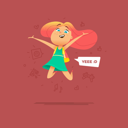 Jumping School Girl With Happy Mood. Cartoon Style Illustrationのイラスト素材