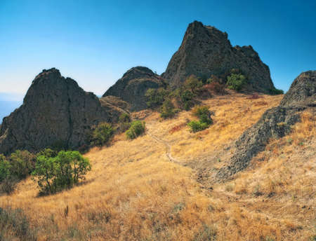 mountain path and yellow grass under blue sky in Crimeaの写真素材