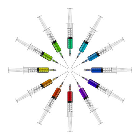syringes in a circle with colored liquid isolated on whiteの写真素材