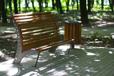Beautiful wooden bench and trash bucket in the park
