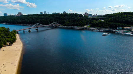 Aerial view of pedestrian Park bridge and Dnipro river