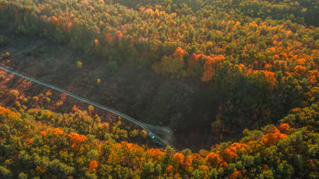 Autumn landscape. Aerial view. Autumn forest on the hill. Clearing with a road to a standstill. Ukraineの写真素材