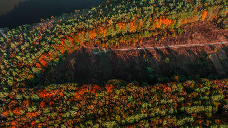 Autumn landscape. Aerial view. Autumn forest on the hillの写真素材
