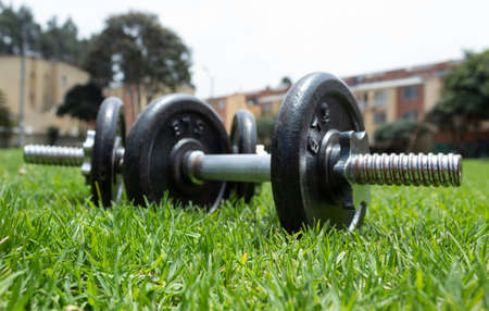 Two Dumbbells over Green Grass at sunny day with neighborhood at background. Ideal fot Streetworkout or Outdoor fitness. Fit conceptの写真素材