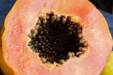 Macro photography to asliced orange fresh papaya with seeds inside. Fruit and texture conceptの写真素材