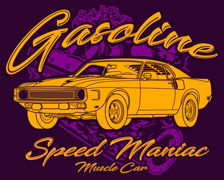 Gasoline, Speed Maniac Muscle Car vintage art with V8 Motor Background .This design is suitable for old style or classic car garage, shops, repair. Also for car tshirts, stamps and hot rods thingsのイラスト素材