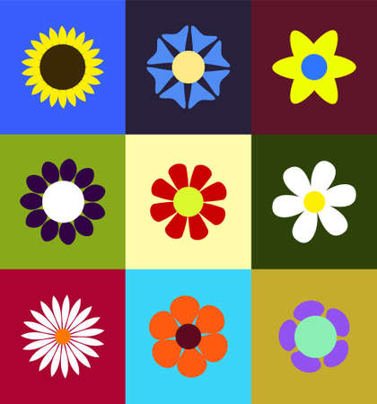Cute Nine Spring Colorfull flowers into colored square, vector setのイラスト素材