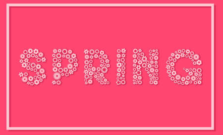 Different types of cute white flowers forming SPRING season art deco font word into a white square and pink flat backgroundのイラスト素材