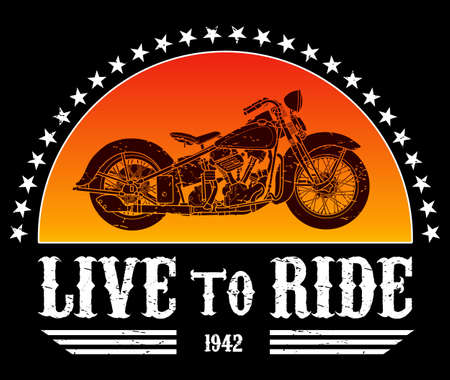 Bike or Motorcycle with sunset sun and stars with miliraty retro design live to ride 1942 over black background, vector illustration, vector art. ideal for stamps and t-shirtsのイラスト素材