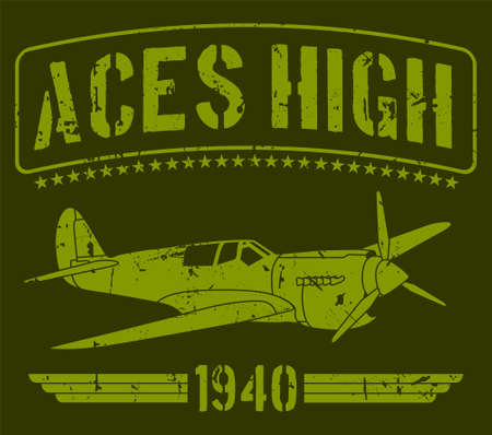 Aces high 1940's world war II airplane in green background with stars. Based in military concept art.のイラスト素材