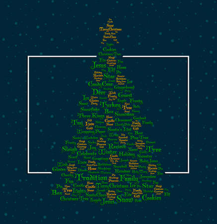 Calligram Christmas tree with star formed with Tipography inside a white window. Snow flakes and blue backgroundのイラスト素材