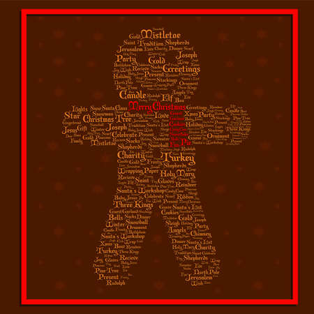 Brown Cookie with red scarf formed with christmas words inside a red square and snowflakes at backgroundのイラスト素材