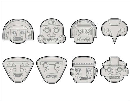 Famous San Agustín, Huila Colombian pre Hispanic sculptures Heads, vector illustration setのイラスト素材