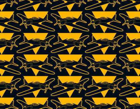 Vintage dark blue airplane set collage with orange triangles pattern and dark blue color at backgroundのイラスト素材