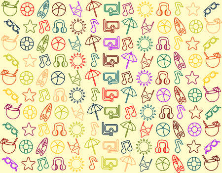 multicolor summer vibes icons over pastel yellow background. Summer and seasonal background