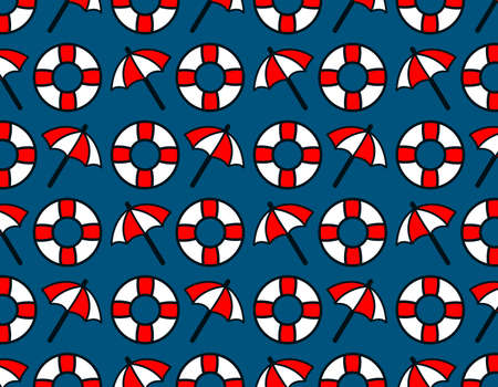 Red and white ubrellas with rounded float over blue navy background. Summer vibes vector