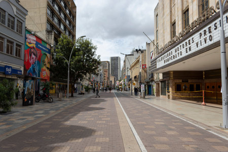 BOGOTA, COLOMBIA 7th avenue Panorama near to Jorge Eliecer Gaitan Theater at morning. This historic avenue it`s locates at downtown city and now it`sa peatonal avenue.のeditorial素材