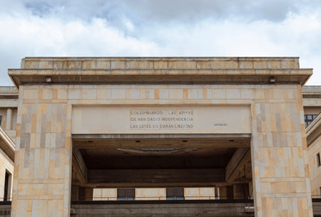 BOGOTA, COLOMBIA - Closeup to a Pale of Justice facade with FrancÃ­sco de Paula Santander quote...