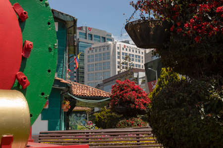 BOGOTA, COLOMBIA - FEBRUARY 10 OF 2021 A beautiful summer usaquen scene with red flowers, an ancient building in contrast with modern buildings at background in sunny dayのeditorial素材