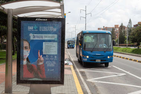 BOGOTA, COLOMBIA - MAY 20 OF 2021 A break glass of a SITP bus station during Colombian paro nacional marches at north cityのeditorial素材