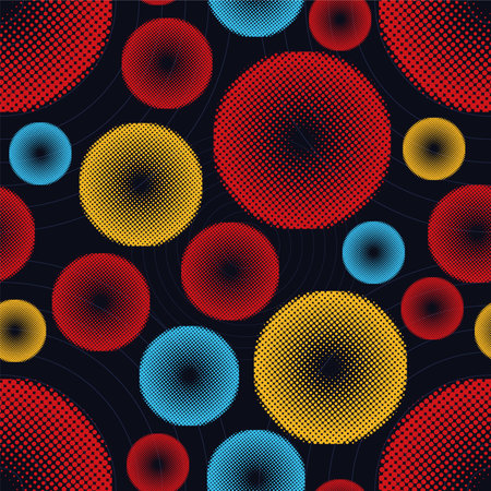 Rounded circle half tone color with black background seamless pattern
