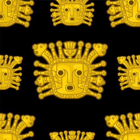 Ancient peruvian Incaic golden god known as "inti" seamless pattern over black backgroundのイラスト素材