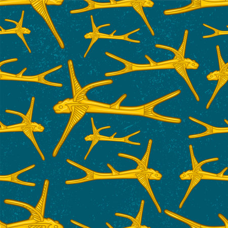 Beautiful colombian ancient indigenous golden fish representation seamless pattern over a blue worn out backgroundのイラスト素材