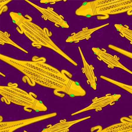 Beautiful colombian ancient indigenous Lizard representation seamless pattern over a violet worn out...