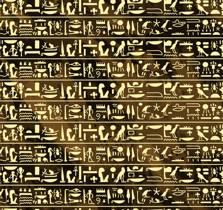 Ancient white egyptian hieroglyphs alphabet pattern over dark brown water color effect background seamless patternのイラスト素材