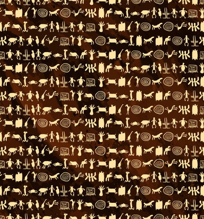 White south american rock painting figures over dark brown water color effect background seamless patternのイラスト素材