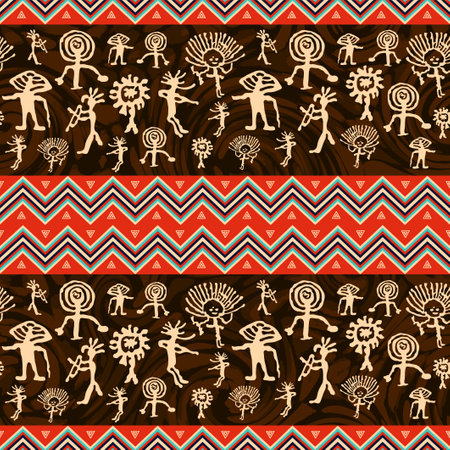 awesome ancient indigenous zig zag and cave paintings seamless patternのイラスト素材