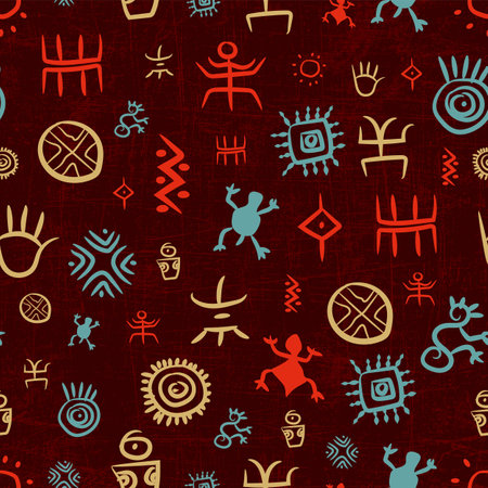 Multicolor native south american indigenous petroglyphs over a dark red worn out effect backgroundのイラスト素材