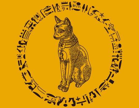 Brown Ancient bastet cat godess with hieroglyphics and yellow backgroundのイラスト素材