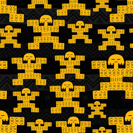 Ancient Colombian golden figure seamless pattern over black background