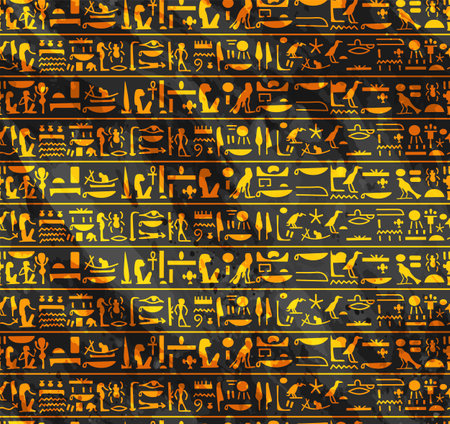 Ancient golden egyptian hieroglyphs alphabet pattern over black water color effect background seamless patternのイラスト素材