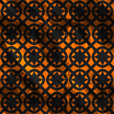 Golden stained glass geometric figures over black water color effect background seamless patternのイラスト素材