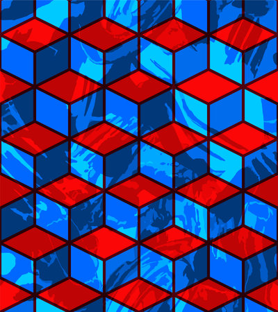 Beautiful modern red and blue cube grid with water color effect seamless patternのイラスト素材