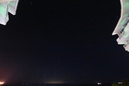 Starry night viewed from a viepoint at Santa Marta Colombia Cityの写真素材