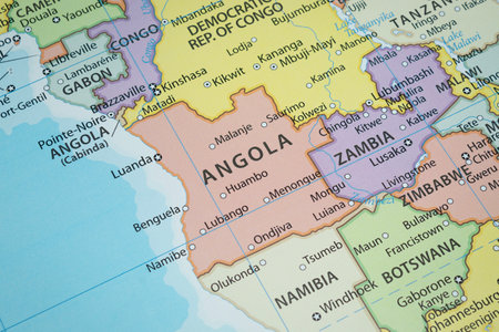 Close up to an Angola political map with country borders and most important citiesの写真素材