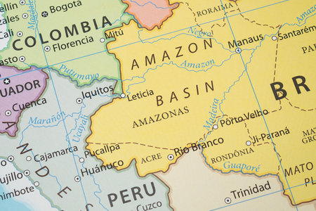Close up to an amazon Jungle jungle region in south america political mapの写真素材