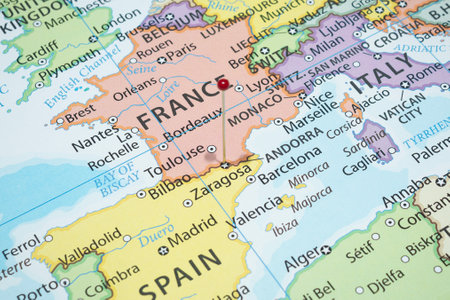 Close up to a andorra state with a red pin needle in middle of Spain and france countriesの写真素材