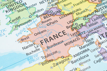 Close up to a France political map with country borders and most important citiesの写真素材